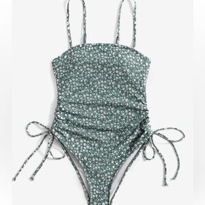NEW Summer Beach Ditsy Floral Print Drawstring One Piece Swimsuit - Small